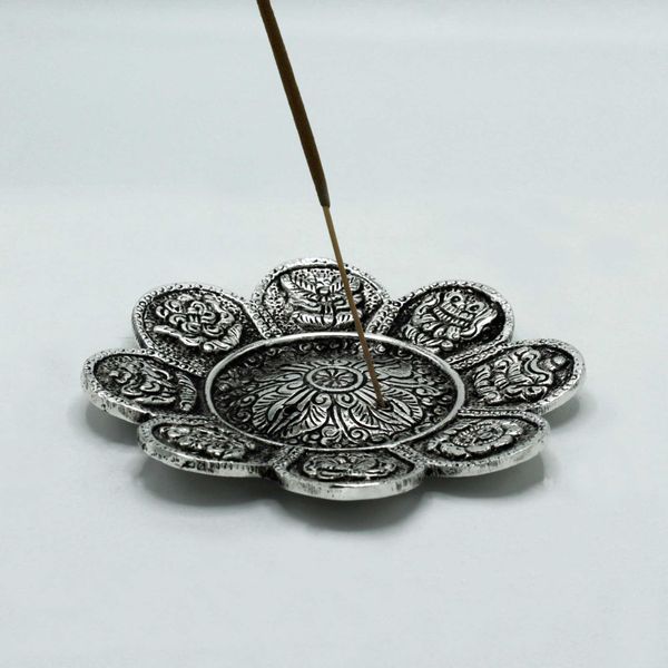Porte-Encens Symboles Tibétains en Aluminium Poli 12cm