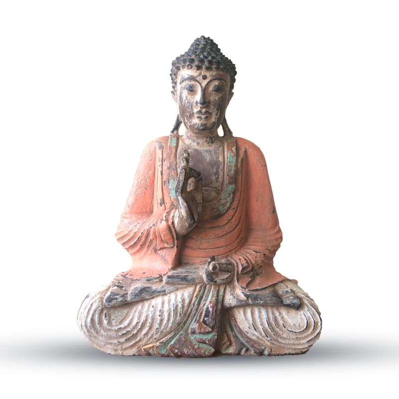 Statue de Bouddha Vintage Sculptée à la Main Orange - 40cm - Transmission de l'enseignement