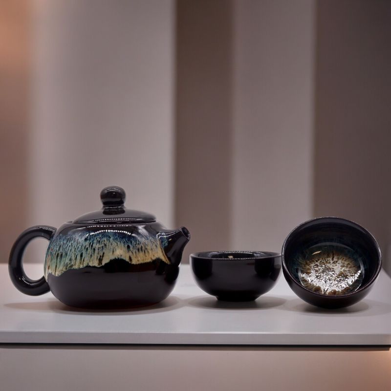 Théière en Céramique Noire - Pot et Deux Tasses
