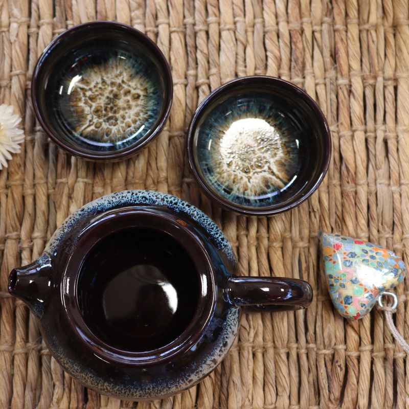 Théière en Céramique Noire - Pot et Deux Tasses