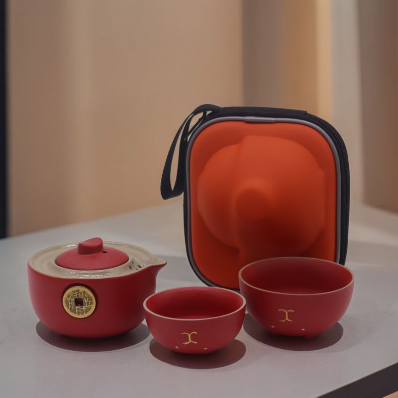 Set Théière Chat Chanceux - Deux Tasses - Pack de Voyage - Rouge
