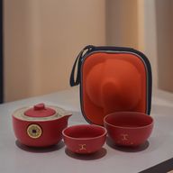 Set Théière Chat Chanceux - Deux Tasses - Pack de Voyage - Rouge