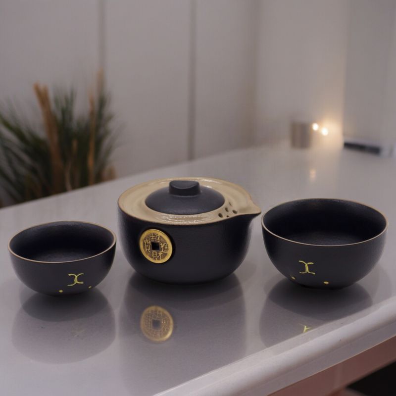 Set Théière Chat Chanceux - Deux Tasses - Pack de Voyage - Noir