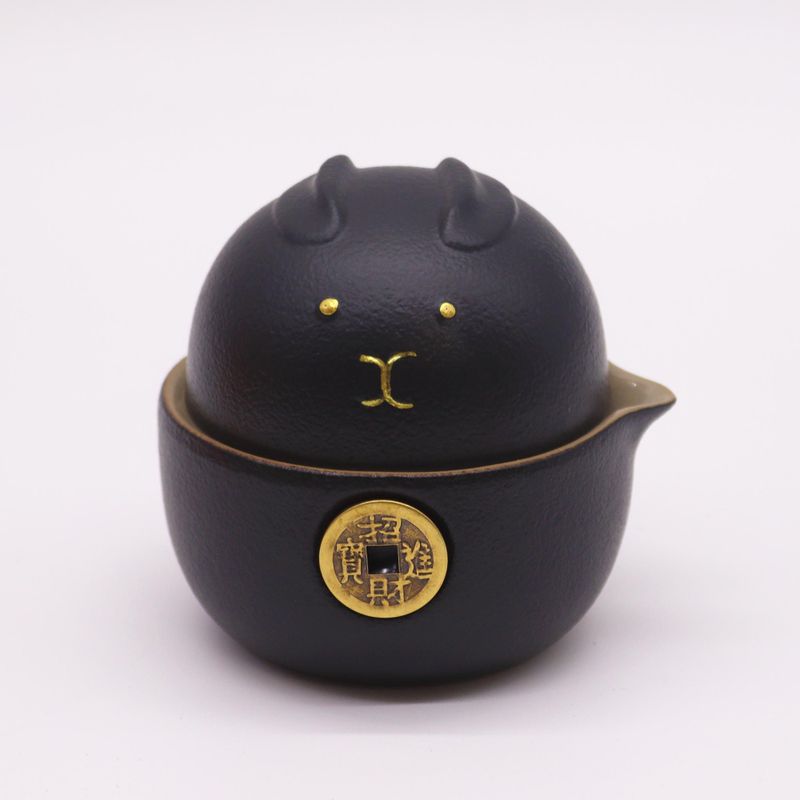 Set Théière Chat Chanceux - Deux Tasses - Pack de Voyage - Noir