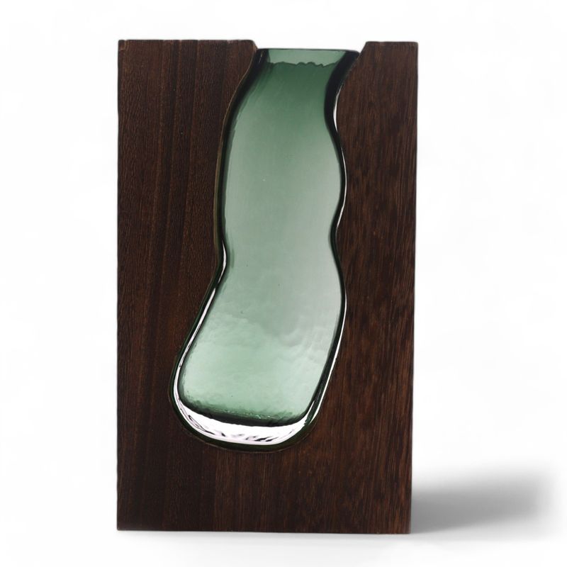 Vase en Verre / Support en Bois de Tung Foncé - 14.5x5x23cm