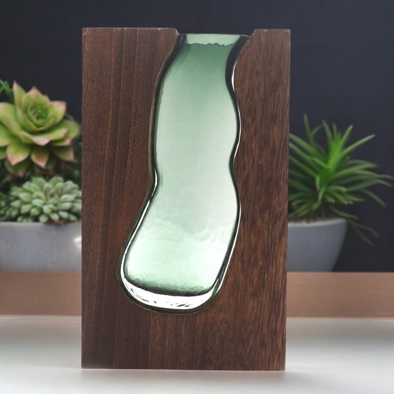 Vase en Verre / Support en Bois de Tung Foncé - 14.5x5x23cm