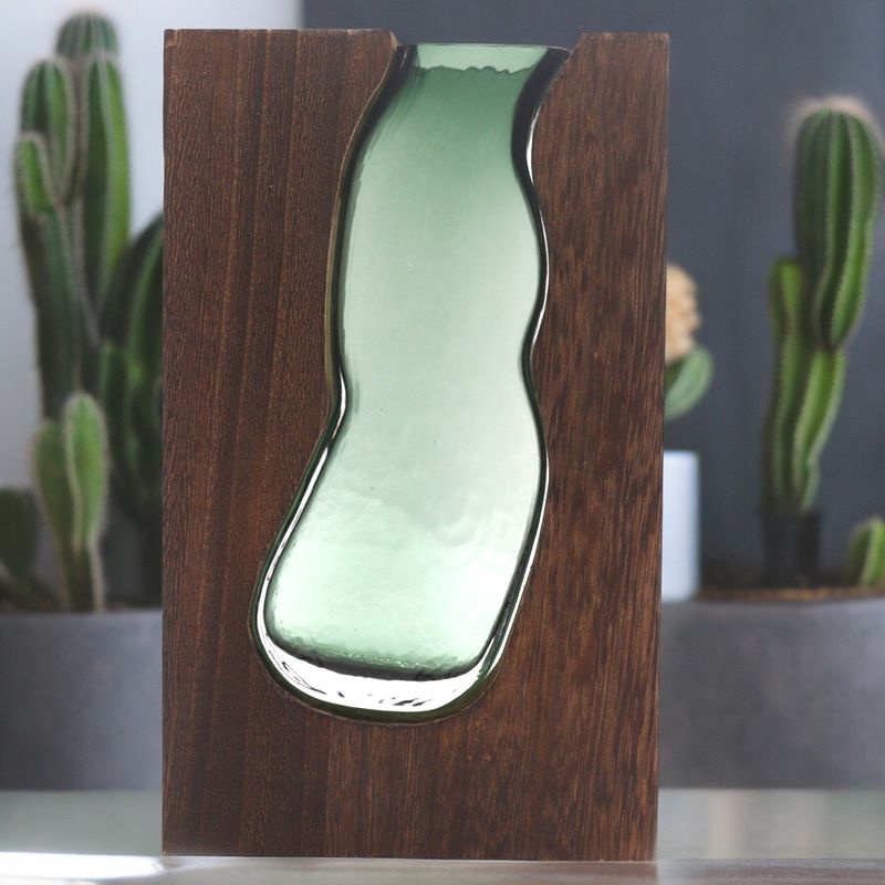 Grand Vase en verre / Support en Bois de Tung Foncé - 18x5x32cm