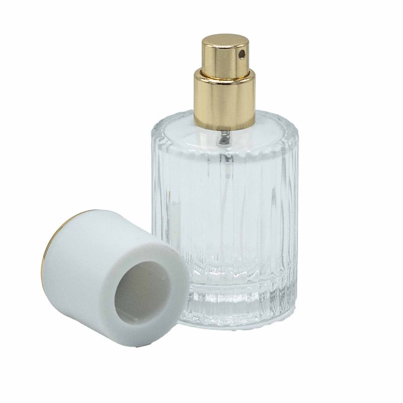 Bouteille Ronde Nervurée de 30ml, Vaporisateur et Bouchon - Blanc Mat
