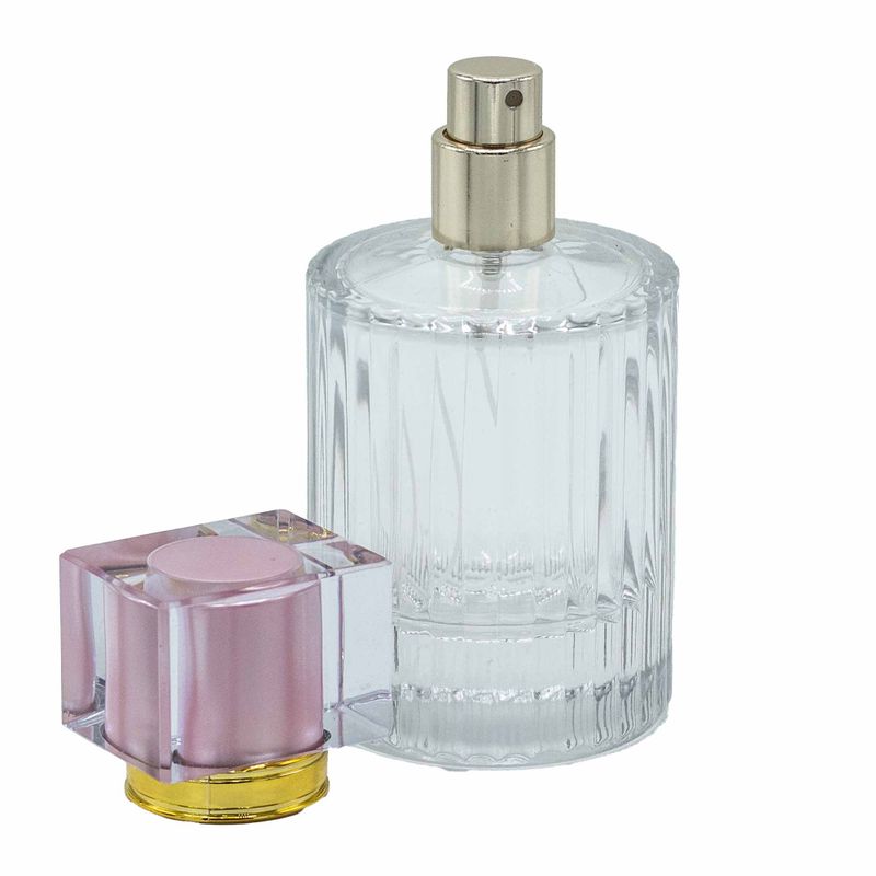 Bouteille Ronde Nervurée de 50ml, Vaporisateur et Bouchon - Rose Poudré