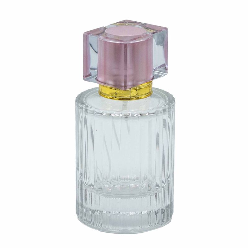 Bouteille Ronde Nervurée de 50ml, Vaporisateur et Bouchon - Rose Poudré