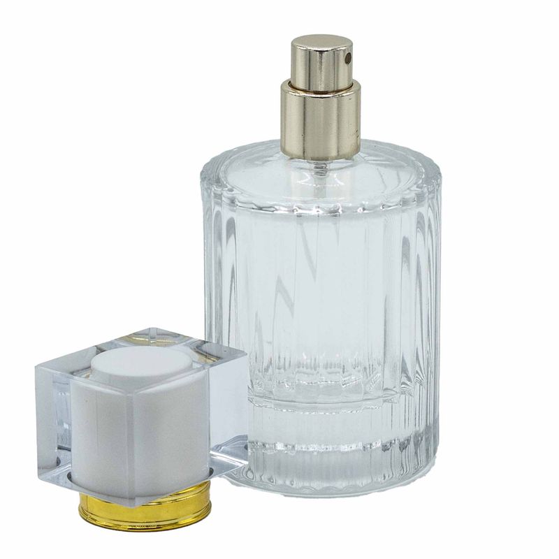 Bouteille Ronde Nervurée de 50ml, Vaporisateur et Bouchon - Blanc Mat