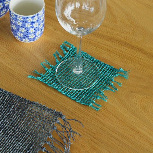 Dessous de Verre Naturel à Franges en Jonc de Mer - Turquoise