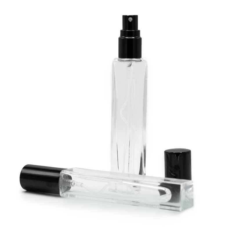 Flacon Carré Haut et Fin de 10 ml - Vaporisateur et Bouchon Noirs