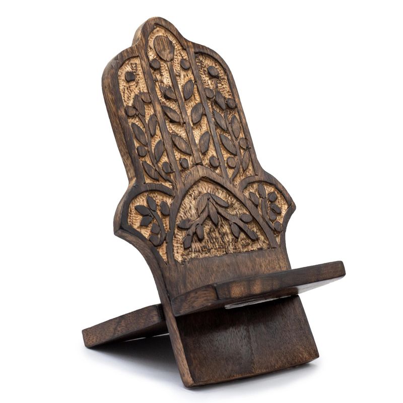 Support de Téléphone en Bois Sculpté - Main de Fatma 20x9,5cm