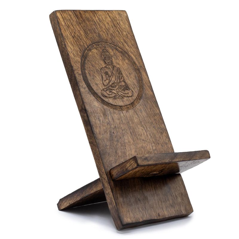 Support de Téléphone en Bois Sculpté - Bouddha 20x9.5cm