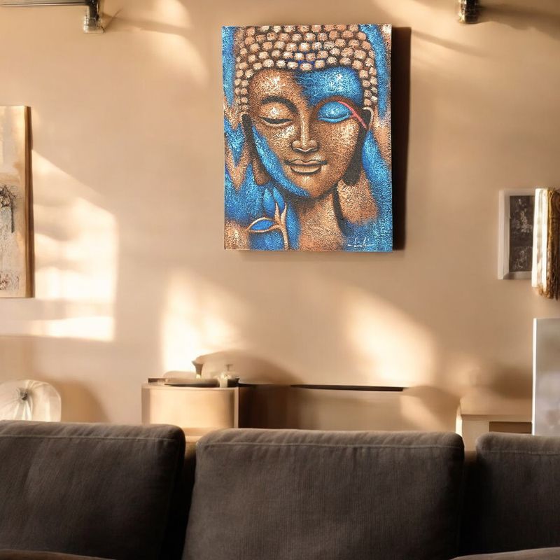Peinture Bouddha – Fleur Bronze & Bleue
