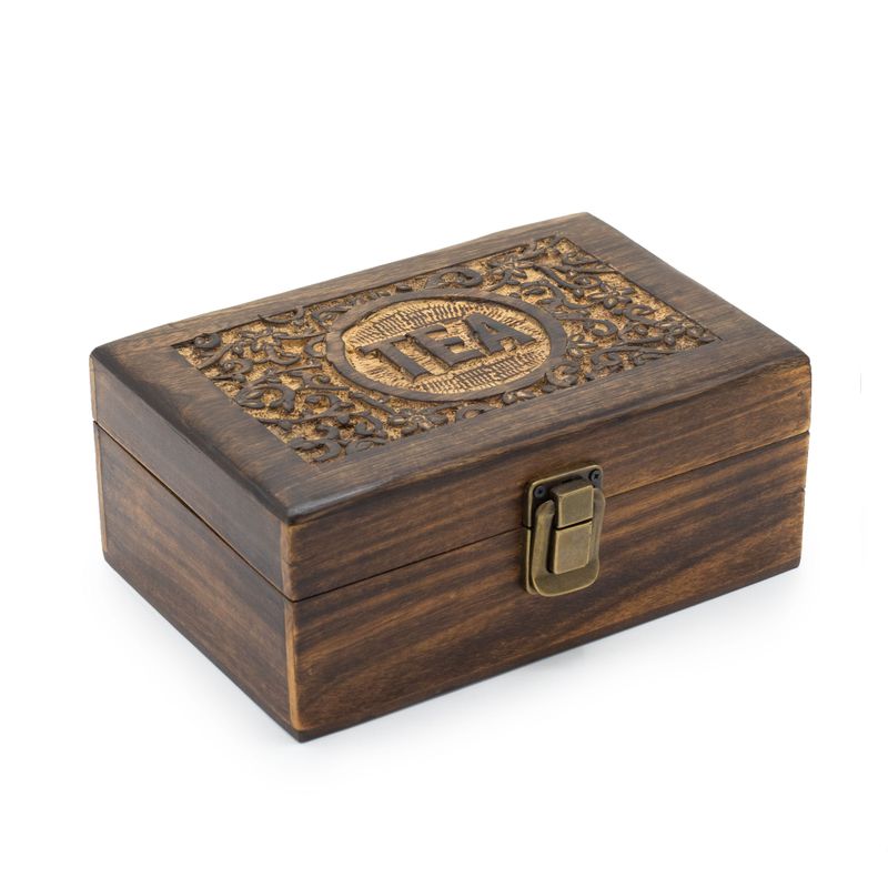 Boîte à Thé Sculptée en Bois de Manguier - (6 compartiments) 23x15x9.5cm