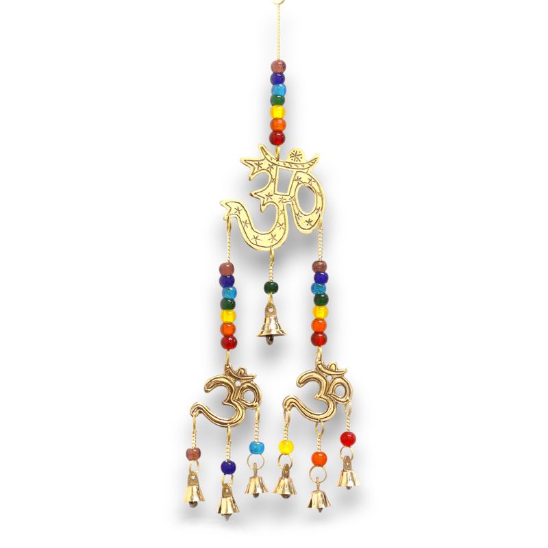 Carillons Indiens - Om en Laiton avec Perles Chakra - 7 Cloches - 9,5x32cm
