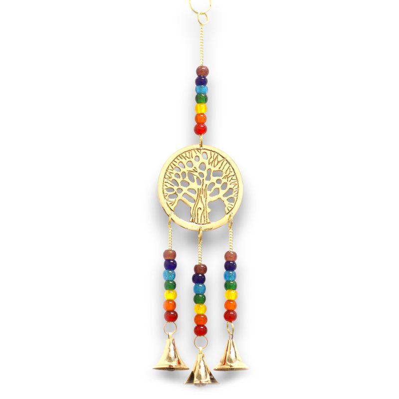 Carillons Indiens - Arbre de Vie en Laiton avec Perles de Chakra - 3 Cloches - 6,5x31cm