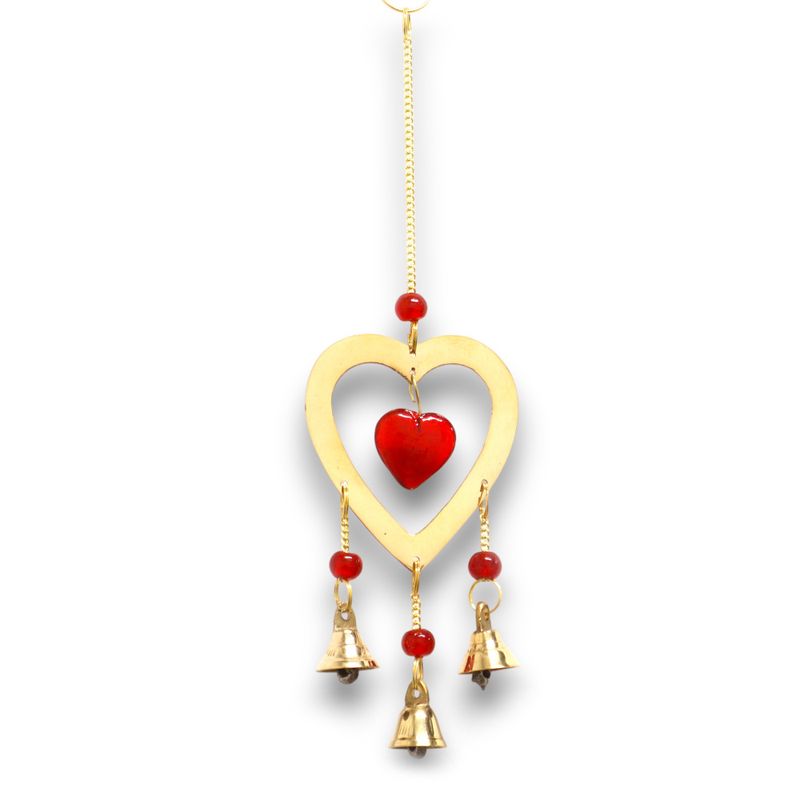 Carillons Indiens - Laiton avec Perles Coeur en Verre Rubis - 3 Cloches - 6,5x24cm