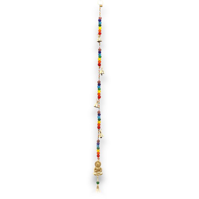 Carillons Indiens - Bouddha en Laiton avec Cloches à Cordes de Perles de Chakra - 53 cm