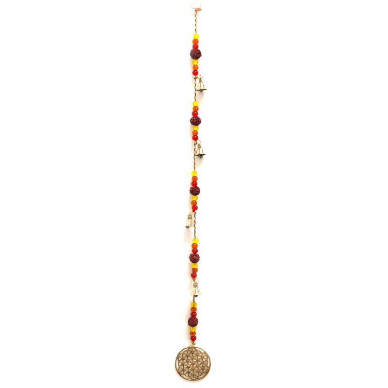 Carillons Indiens - Fleur de Vie en Laiton avec Cloches à Cordes de Perles Rudraksha - 6x63cm