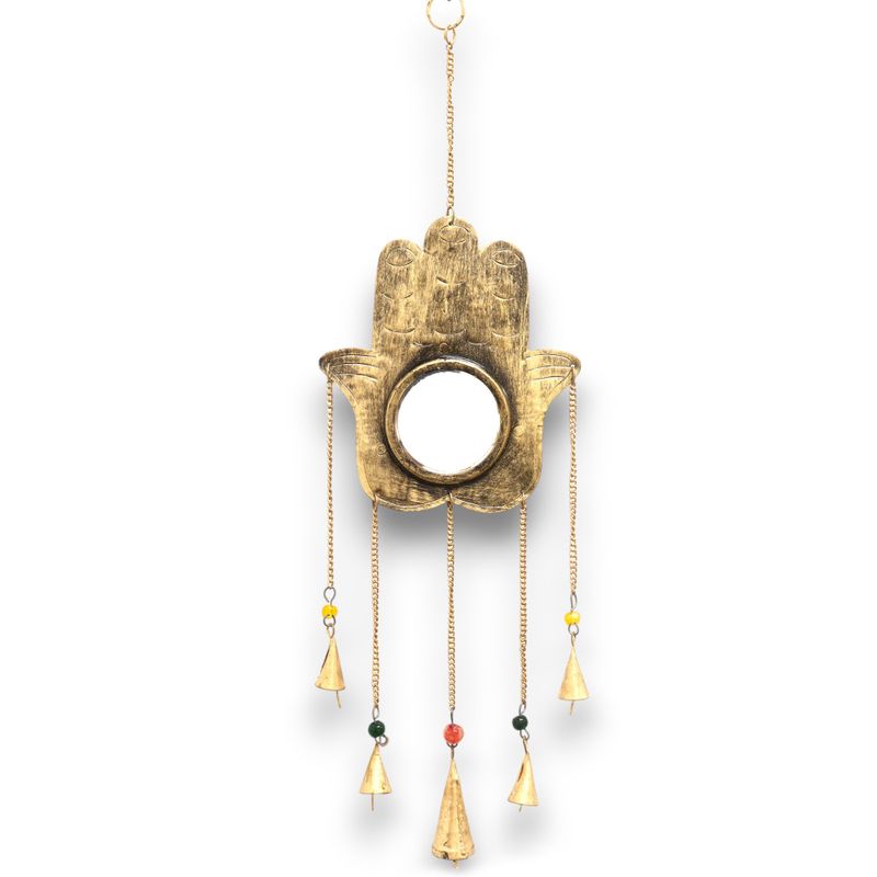 Carillons Indiens - Main de Fatma Grand Miroir 5 Cloches - 19x65cm