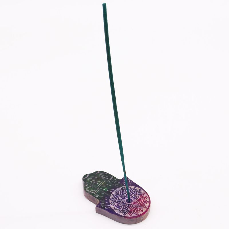 Porte-Encens Main de Fatma en Pierre Stéatite 9x6cm - Fleur de Lotus