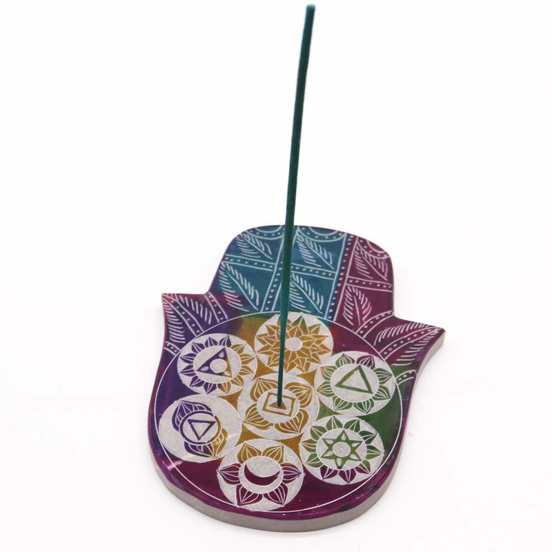 Porte-Encens Main de Fatma en Pierre Stéatite Large 18x15x1.2cm - 7 Chakras