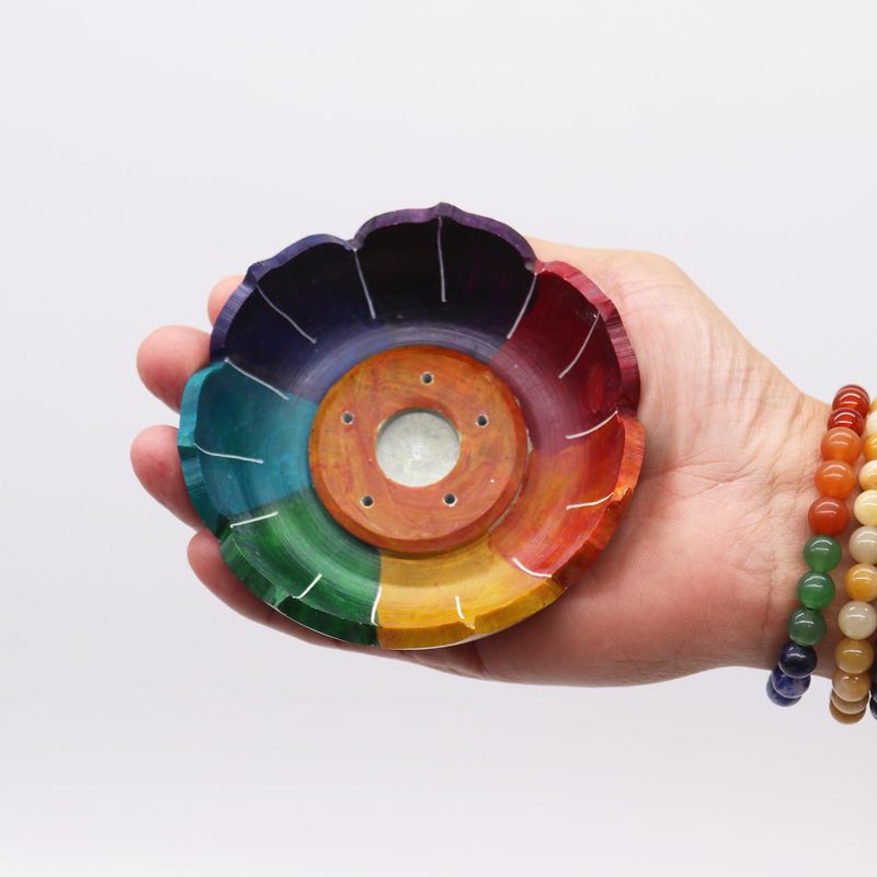 Porte-Encens Fleur de Lotus en Stéatite 10x3cm - Couleurs des Chakras