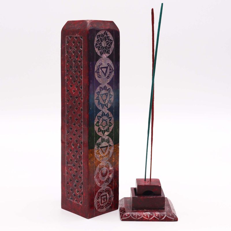 Porte-Encens Tour Carrée en Stéatite 25 cm - 7 Chakras