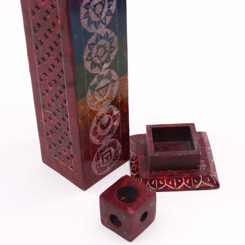 Porte-Encens Tour Carrée en Stéatite 25 cm - 7 Chakras