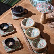 Plateau en Bois de Manguier avec 3 Bols - Motif Floral