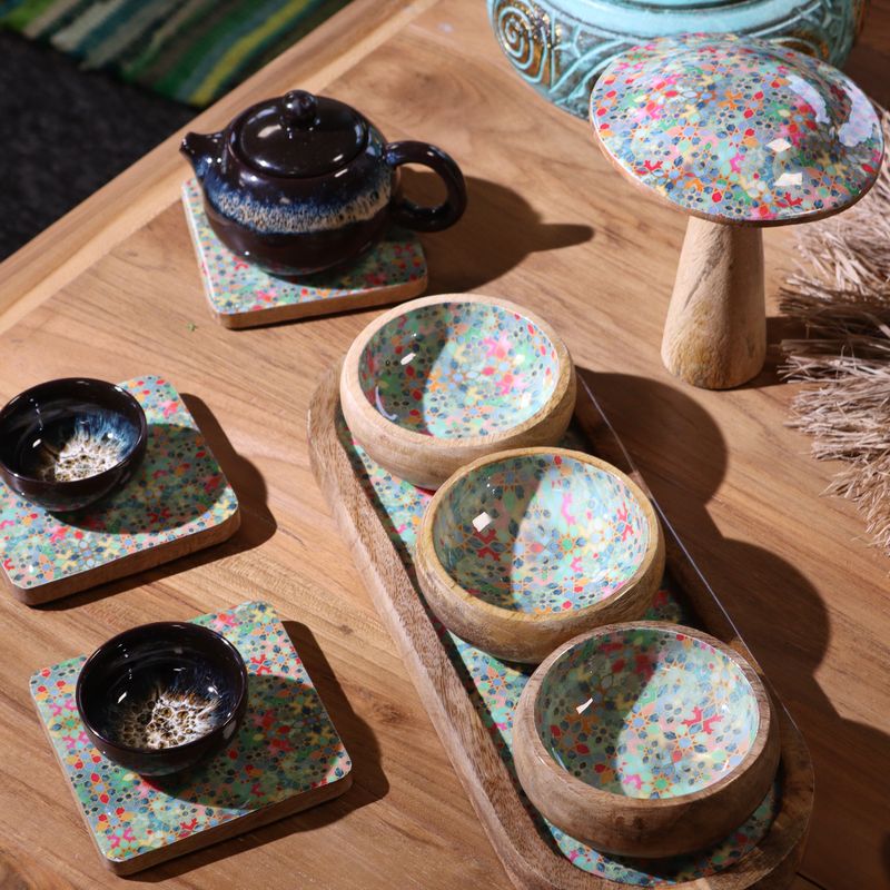 Plateau en Bois de Manguier avec 3 Bols - Motif Floral