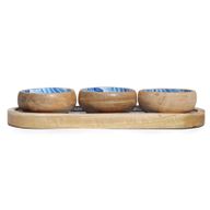 Plateau en Bois de Manguier avec 3 Bols - Rayures Bleues