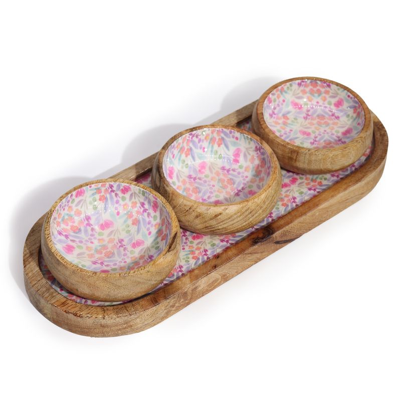 Plateau en Bois de Manguier avec 3 Bols - Motif Floral