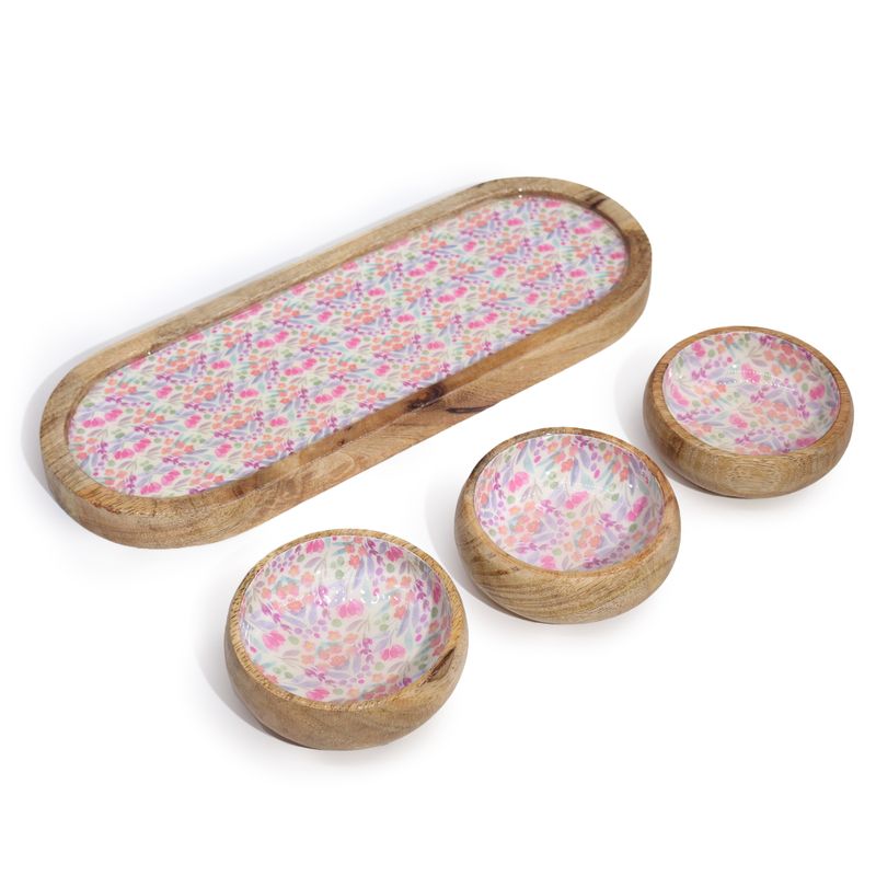 Plateau en Bois de Manguier avec 3 Bols - Motif Floral