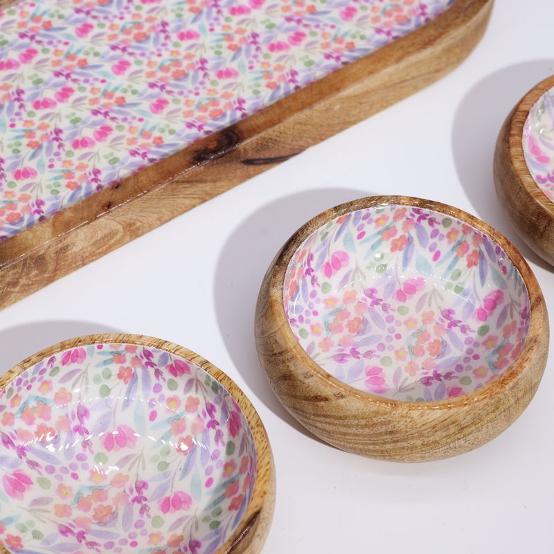 Plateau en Bois de Manguier avec 3 Bols - Motif Floral