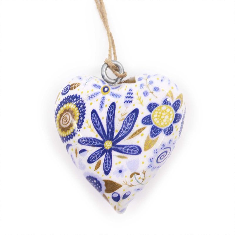 Coeurs en Bois Décor Lrg - Motif Floral Bleu (24)