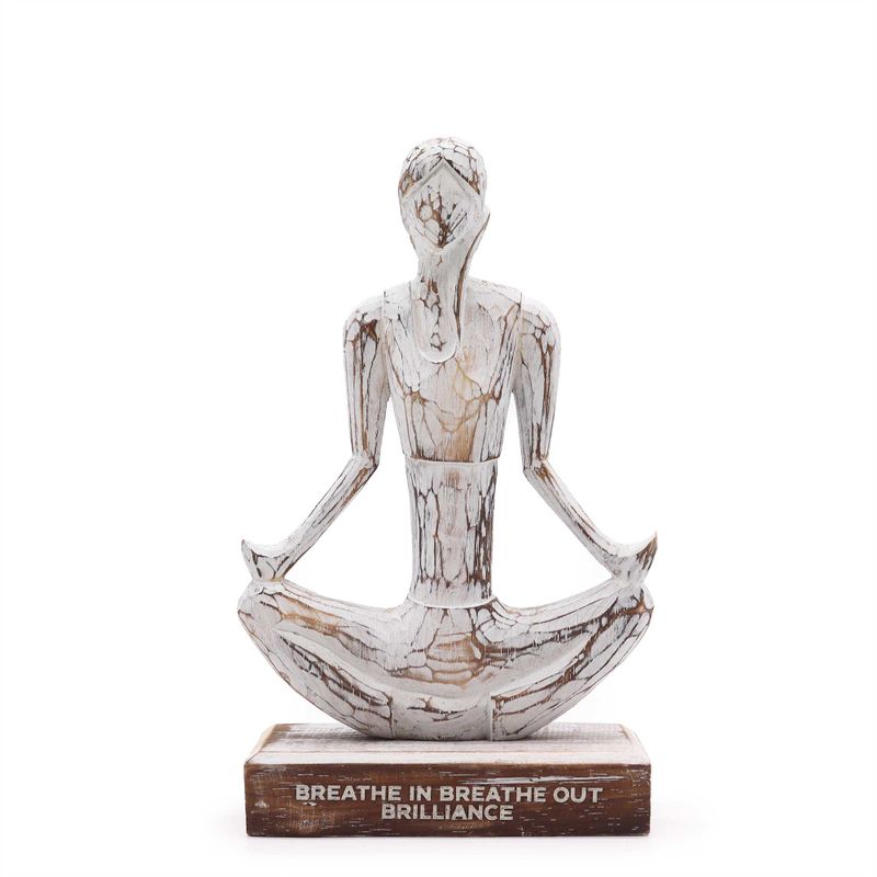 Statue Yoga en Bois - Blanchiment à la Chaux - Pose Facile - « Inspirez, Expirez, Brillez »