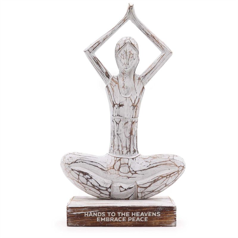 Statue Yoga en Bois - Blanchiment à la Chaux - Pose des Mains Levées - « Mains vers le ciel, recevez la paix »