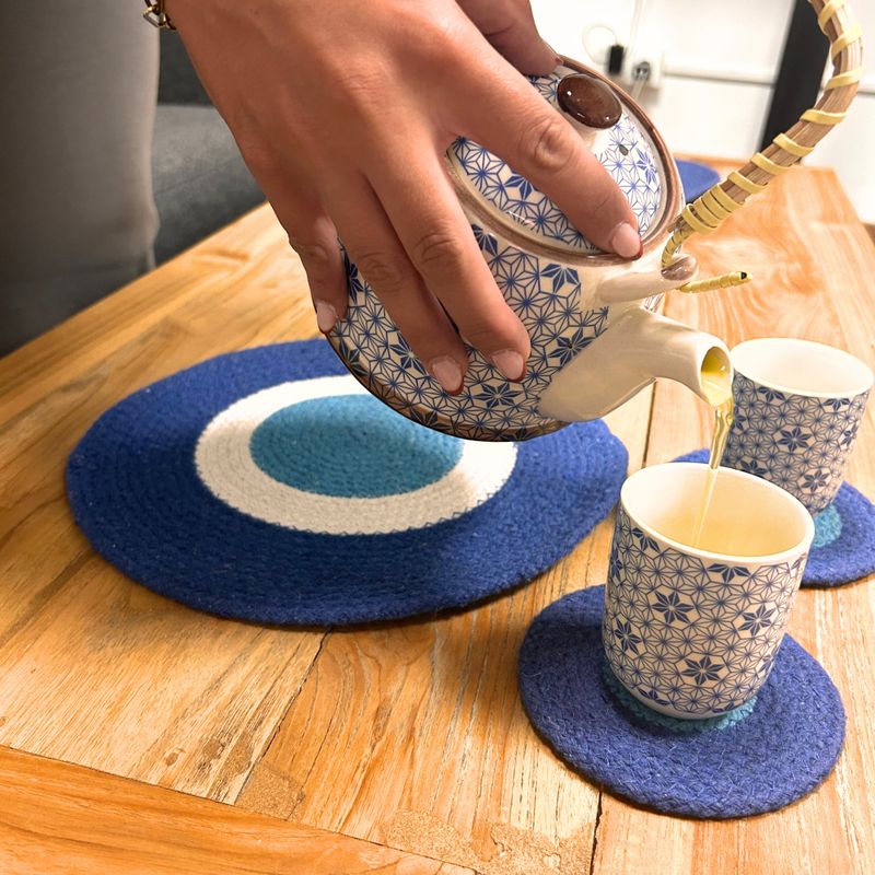 Set de Sous-Verres et Tapis en Corde de Jute « Oeil Protecteur » (4 de chaque)