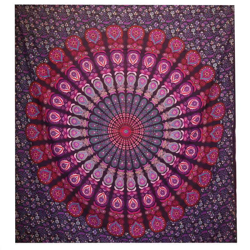 Couvre-Lit Double en Coton ou Tenture Murale - Mandala de Paon - Violet