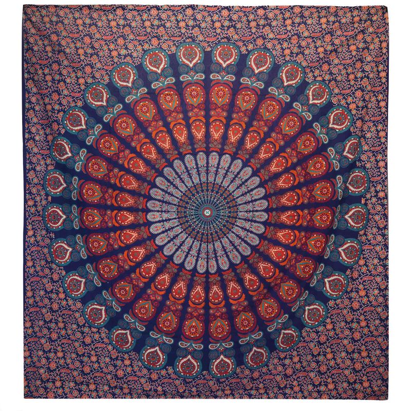 Couvre-Lit Double en Coton ou Tenture Murale - Mandala de Paon - Bleu