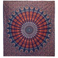 Couvre-Lit Double en Coton ou Tenture Murale - Mandala de Paon - Bleu