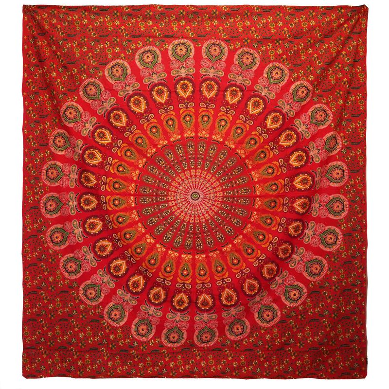 Couvre-Lit Double en Coton ou Tenture Murale - Mandala de Paon - Rouge