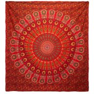 Couvre-Lit Double en Coton ou Tenture Murale - Mandala de Paon - Rouge
