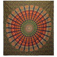 Couvre-Lit Double en Coton ou Tenture Murale - Mandala de Paon - Vert