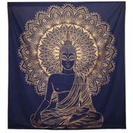 Couvre-Lit Double en Coton ou Tenture Murale - Bouddha - Or & Bleu