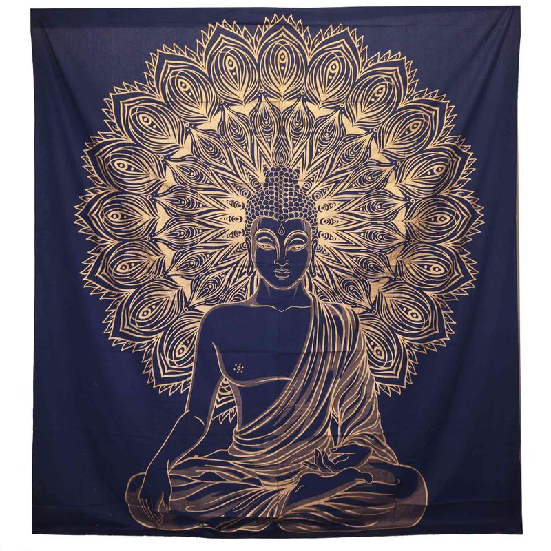 Couvre-Lit Double en Coton ou Tenture Murale - Bouddha - Or & Bleu